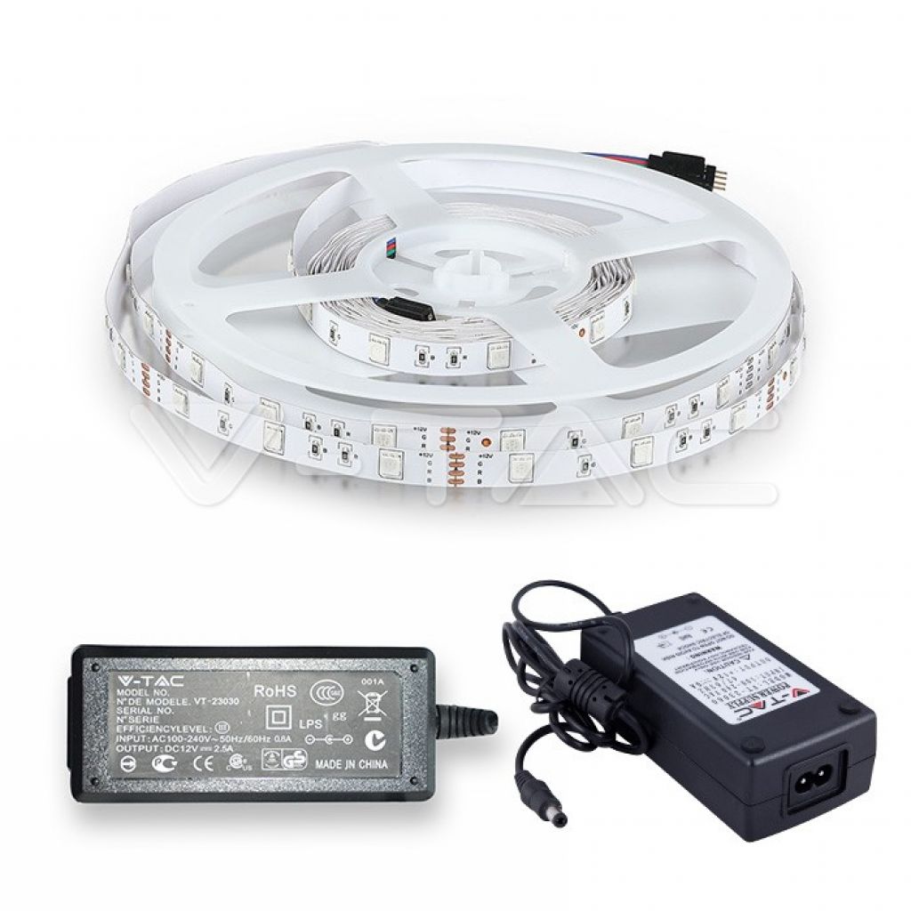 Kit per striscia LED 2124, V-Tac SMD5050, 4.8 W/m, 30 led metro, 12 V - SKU  235011 (controller e alimentatore inclusi)