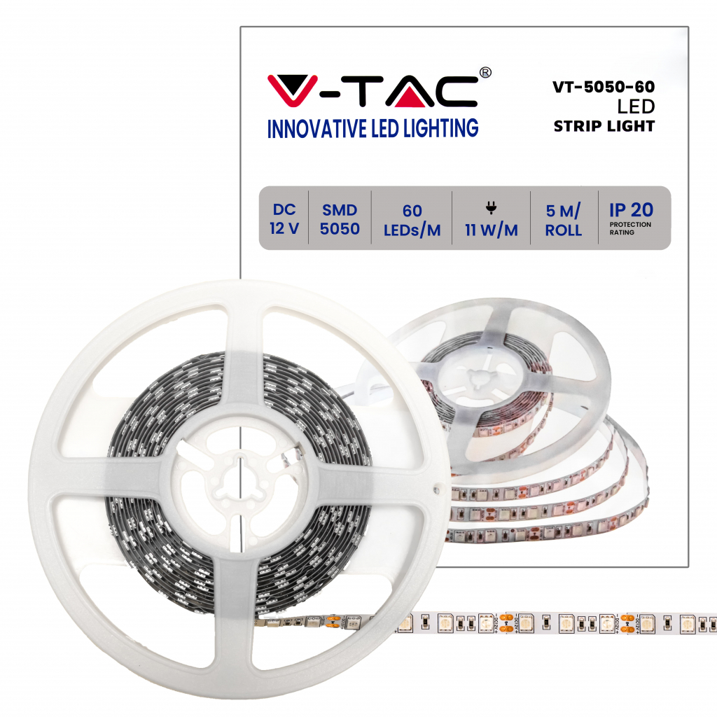 Strip led 12V, RGB e bianco SMD5050, 8W/m, 60 led/m, IP20, larghezza 10mm -  V-TAC VT-5050