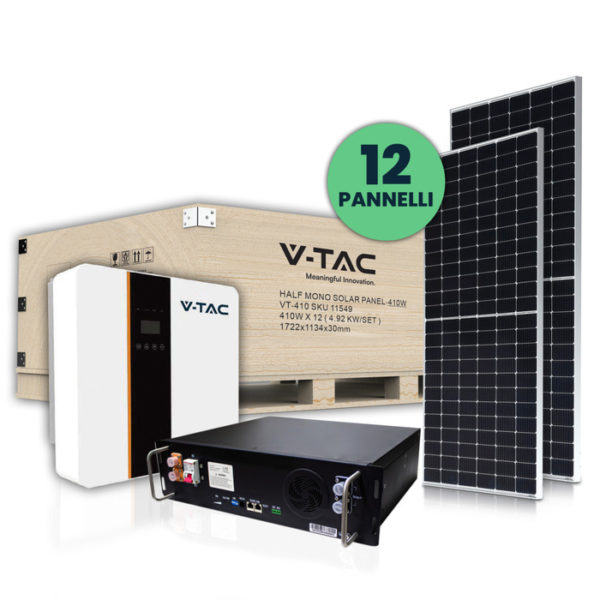 Kit fotovoltaico 5KW con 12 Pannelli (11517), 1 inverter ibrido (11508) e 1  batteria (11377) - SKU 100162 (accessori inclusi)